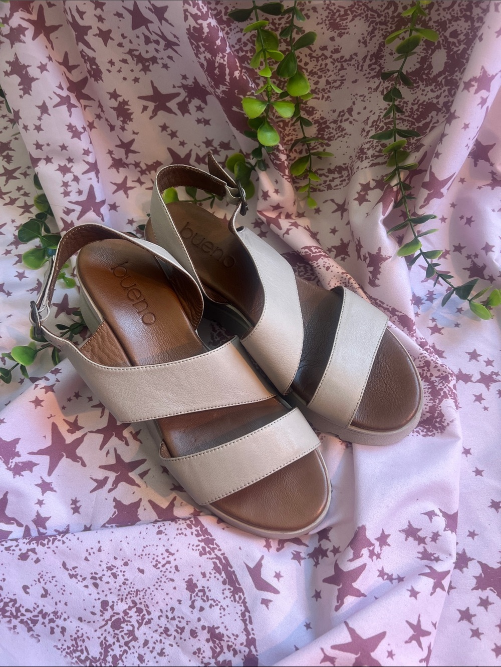 Bueno Gianna Tan Leather Platform Wedge Sandals Nude Strappy Comfy Neutral Sz 39